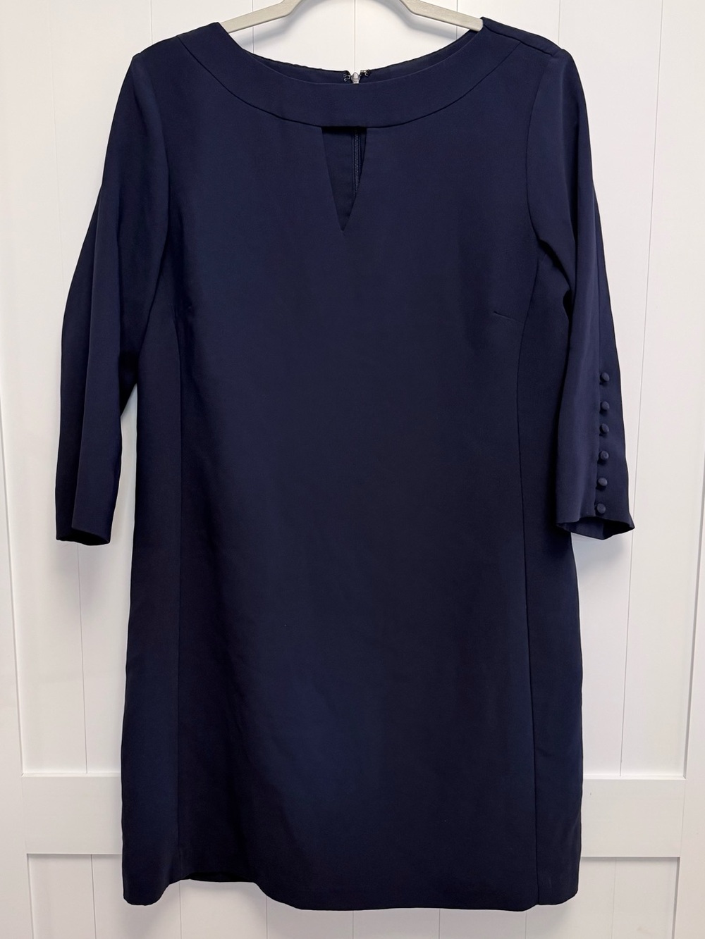 Amanda Uprichard Navy Shift Dress with Keyhole and Button Cuffs
